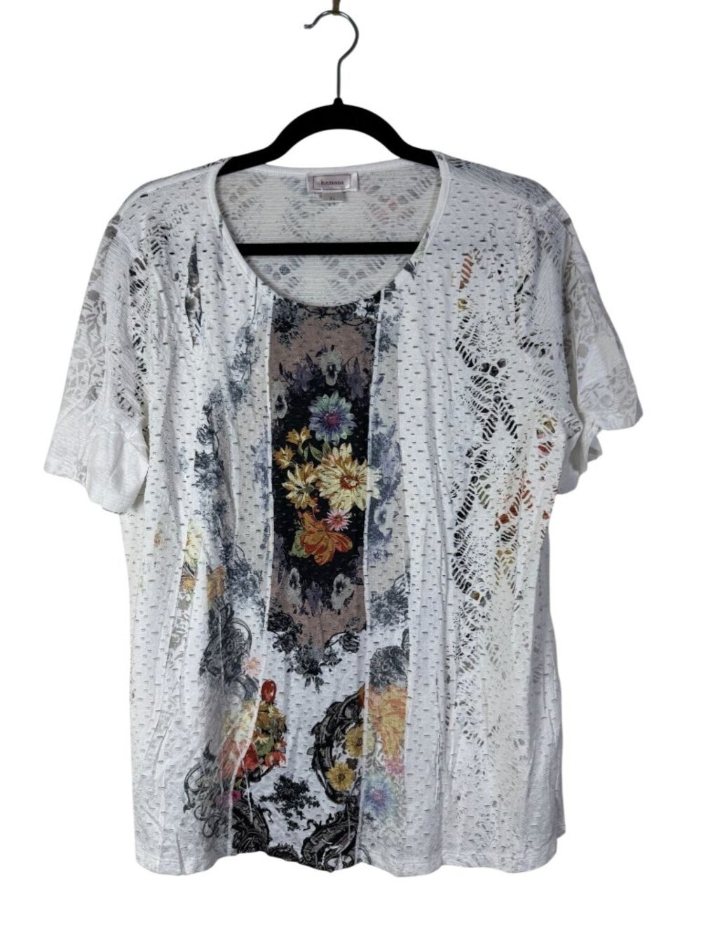 Kamana Lace White Short Sleeve Top size XL Floral Artsy Boho Stretch Lagenlook